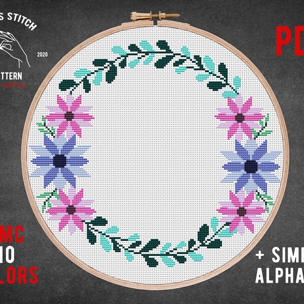 Floral border, Flowers cross stitch PDF circle, Floral wreath cross stitch pattern, your text here, beautiful flowers diy gift