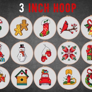 Christmas ornament cross stitch pattern 3 inch hoop Advent calendar embroidery small Christmas ornament mini Holiday cross stitch gift