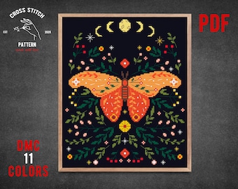 Moth cross stitch pattern Witch cross stitch Luna Moth Butterfly Moon Phase embroidery Gothic cross stitch Mushrooms theme Cottagecore decor