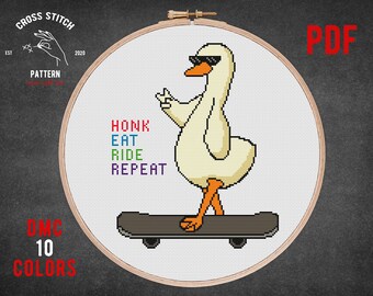 May include: Cross stitch pattern featuring a cartoon goose wearing sunglasses and skateboarding. The pattern uses 10 colors and includes the text "Honk Eat Ride Repeat".