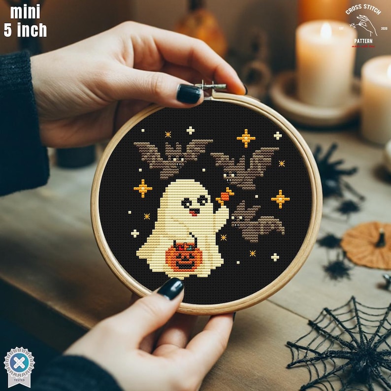 Tiny Halloween Cross Stitch Pattern Funny Ghost With Bat Embroidery ...