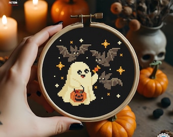 Tiny Halloween cross stitch pattern Funny Ghost with Bat embroidery Creepy cute Spooky cross stitch Horror simple cross stitch Boo chart