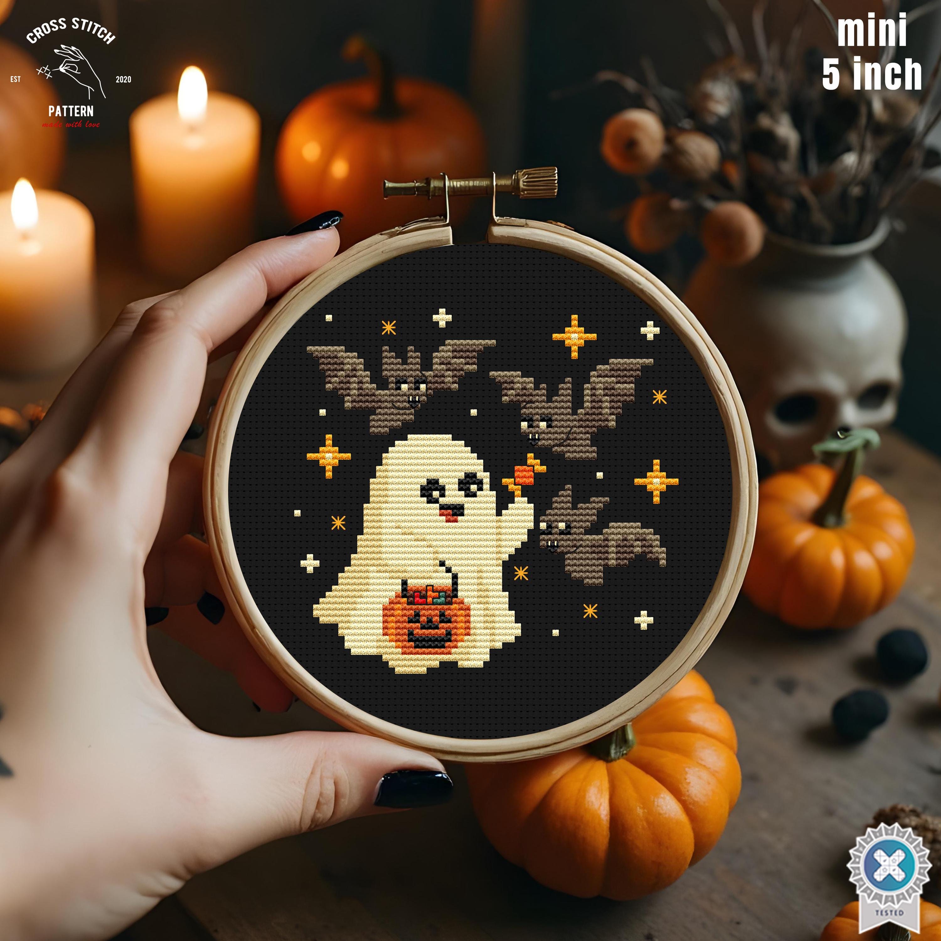 Tiny Halloween Cross Stitch Pattern Funny Ghost With Bat Embroidery ...