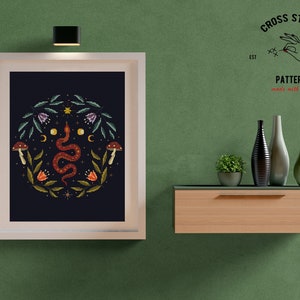 Snake cross stitch Witchy reptile embroidery Satanic cross stitch Gothic cross stitch Floral Serpent Occult cross stitch Moon embroidery pdf image 5