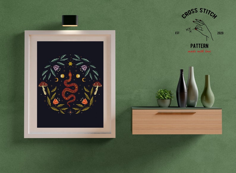 Snake cross stitch Witchy reptile embroidery Satanic cross stitch Gothic cross stitch Floral Serpent Occult cross stitch Moon embroidery pdf image 5