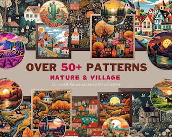 Bundle Village houses cross stitch pattern Desert cross stitch cottage cross stitch Nature Landscape folk art town Mountain full coverage