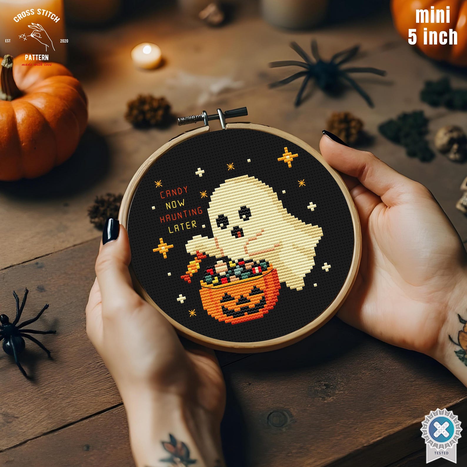 Tiny Halloween Cross Stitch Pattern Funny Ghost With Candy Bucket ...