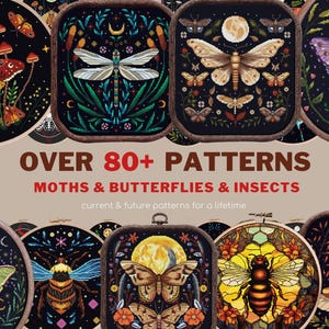 Moth Bundle cross stitch pattern Access lifetime pack Witchy Butterfly Insect floral full coverage cottagecore embroidery instant download