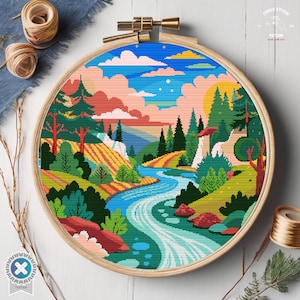 Bunte Landschaft Kreuzstich Muster Fluss Bäume Berg Kreuzstich Natur Kreuzstich Szene PDF Muster Stickerei Moderne Diagramm