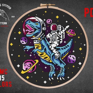 Astronaut on a dinosaur cross stitch pattern T rex embroidery Space galaxy theme cross stitch Tyrannosaurus xstitch Kids room wall decor