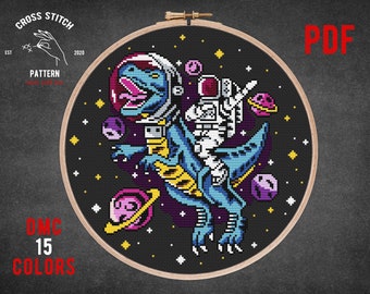 Astronaut on a dinosaur cross stitch pattern T rex embroidery Space galaxy theme cross stitch Tyrannosaurus xstitch Kids room wall decor