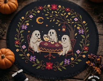 Ghost Cross Stitch Pattern: Cottagecore Halloween Tea Party Floral Design (PDF Pattern)
