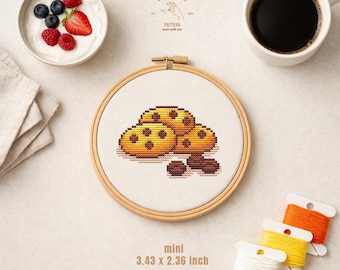 Padrão de Ponto Cruz de Biscoitos de Chocolate, Mini Bordado de Confeitaria em PDF, Desenho Fofo e Divertido de Comida de Cozinha para Iniciantes