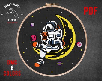 Astronaut on Moon cross stitch pattern Coffee time embroidery Space galaxy theme cross stitch Kids room wall decor