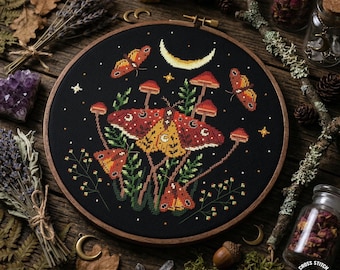 Moth Cross Stitch Pattern, Gothic Moon Moth Embroidery PDF, Mushroom Forest Insect, Witchy Cottagecore Cross Stitch Design