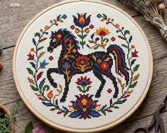 Patroon voor kruissteek met een paard in volkskunststijl: Scandinavisch bloemenontwerp (PDF-patroon)