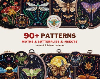 Nachtvlinder bundel kruissteekpatroon Access levenslange pack Witchy Butterfly Insect bloemen volledige dekking cottagecore borduurwerk instant download