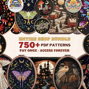 Ensemble de la boutique, motif de point de croix Accessibilité à vie, Witchy Moth Folk, broderie cottage core à couverture complète, téléchargement immédiat au format pdf