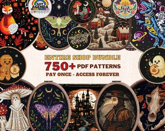 Pacote completo da loja com padrão de ponto cruz, acesso vitalício ao pacote, bordado cottagecore de cobertura total, download instantâneo em PDF.