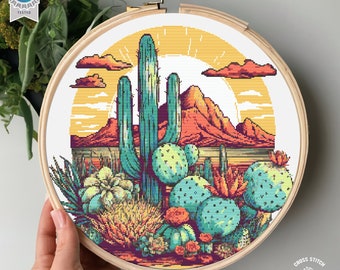 Cactus cross stitch pattern Sunrise in the Desert cross stitch Mountain Nature counted chart Modern Landscape cross stitch Full coverage pdf