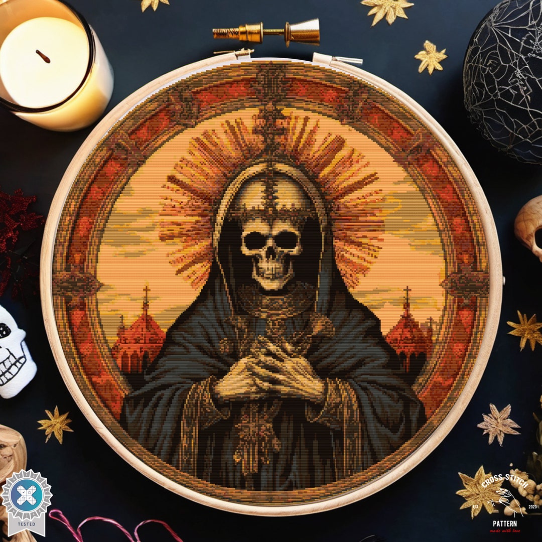 Skull Monk Cross Stitch Pattern Skeleton Medieval Gothic Embroidery ...