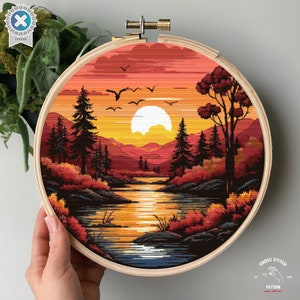 Colorful Landscape Cross Stitch Pattern Sunset Forest cross stitch Lake embroidery Mountain cross stitch Nature landscape Scene cross stitch