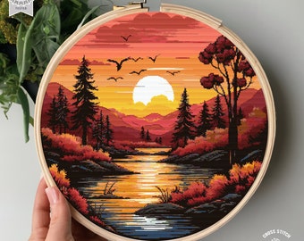 Colorful Landscape Cross Stitch Pattern Sunset Forest cross stitch Lake embroidery Mountain cross stitch Nature landscape Scene cross stitch