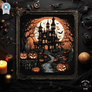 May include: Cross stitch pattern featuring a spooky Halloween scene with a dark, gothic mansion, a full moon, and jack-o'-lanterns. The pattern is framed in a black wood frame.