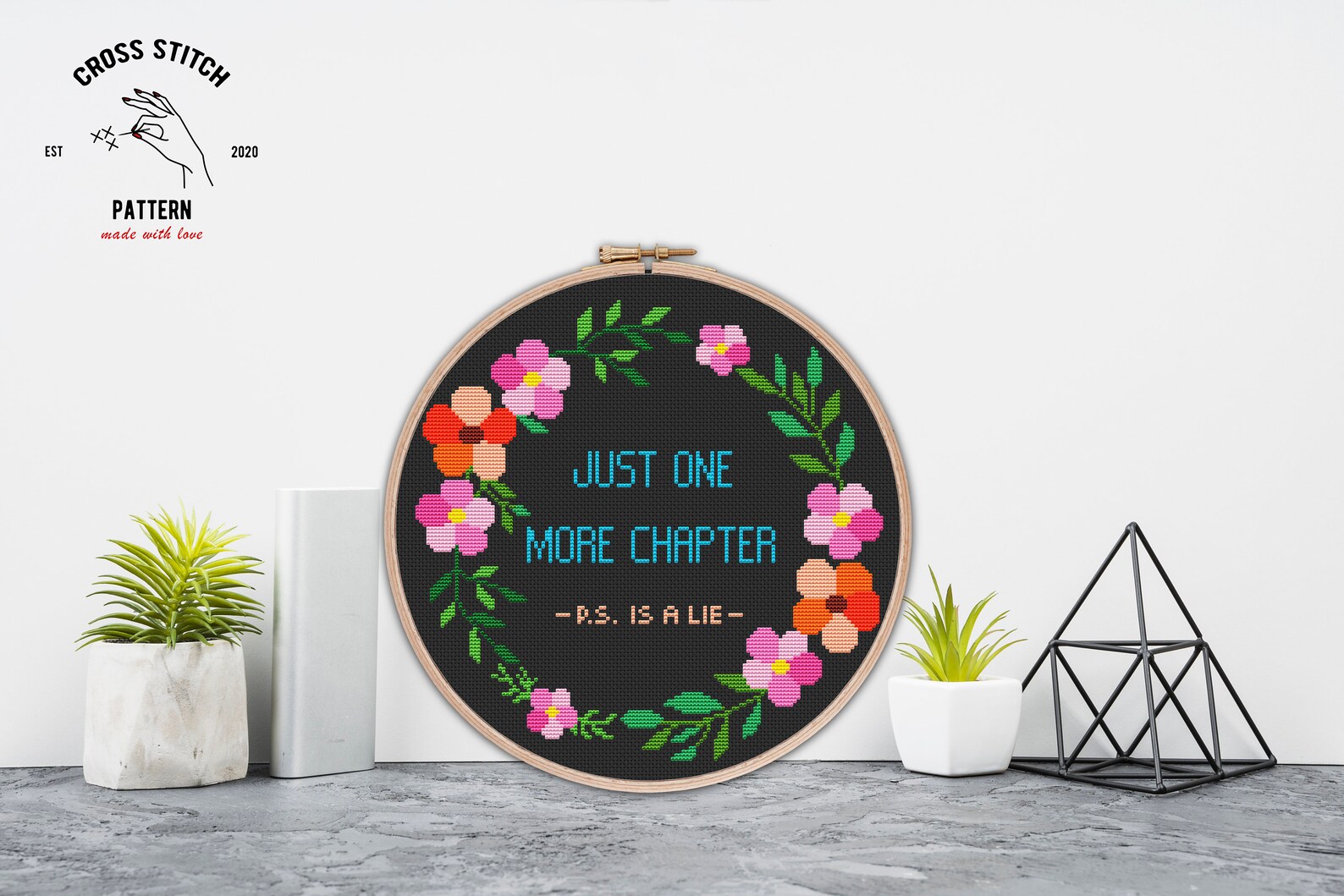 Just One More Chapter Cross Stitch Pattern Book Worm Quotes Embroidery ...