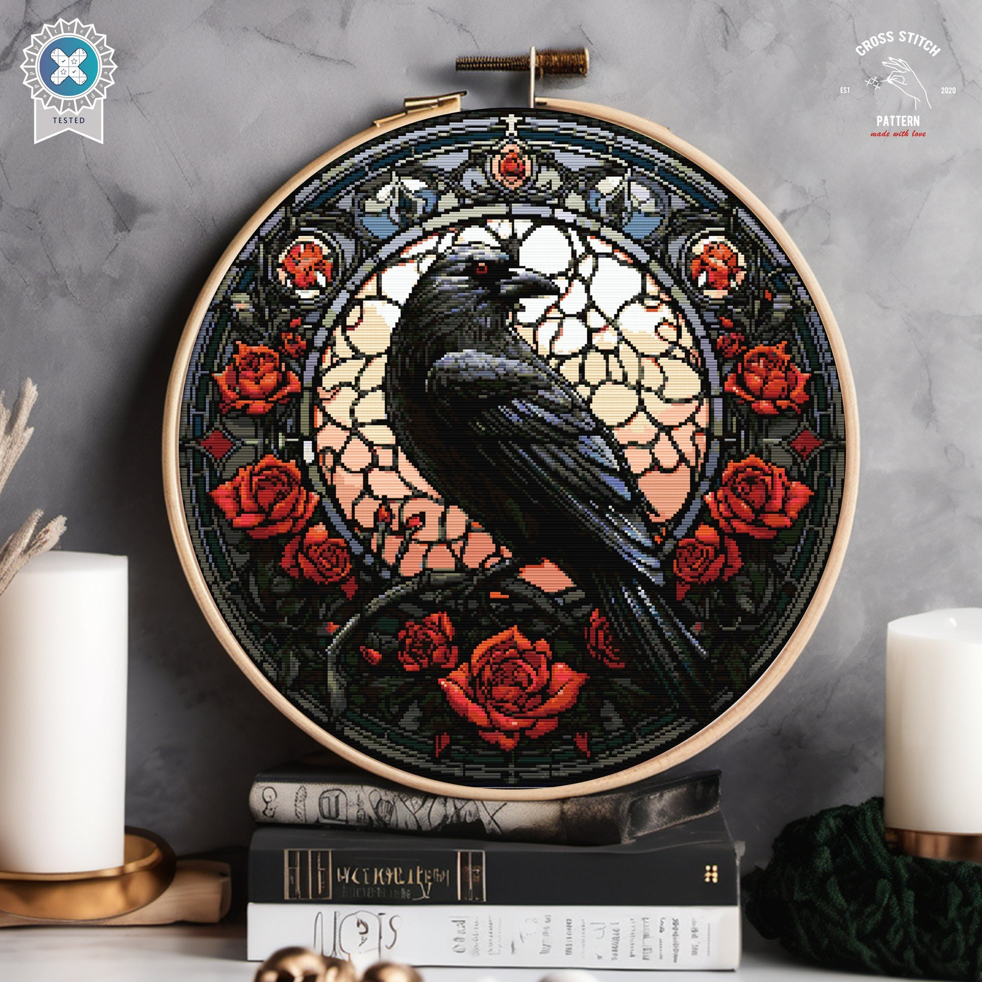 Stained Glass Raven Cross Stitch Pattern Gothic Crow cross stitch Spooky  Halloween embroidery Horror cross stitch Mystic Witchy stitcher