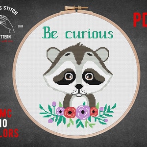 Nursery wall decor Baby cross stitch pattern Woodland animals cross stitch Baby Shower gift Cute Raccoon forest xstitch Be curious