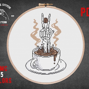 Coffee time skeleton cross stitch pattern Skull Gothic theme kitchen wall decor embroidery Funny counted cross-stitch