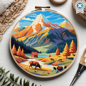 Kreuzstich Anleitung Kuh Kreuzstich Stickmuster Vorlage Zählbild Berg Kreuzstich Stickvorlage Kreuzstichvorlage
