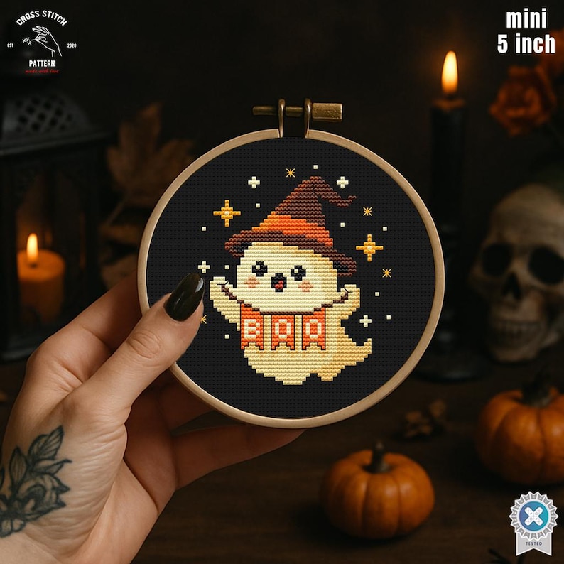 Tiny Halloween Cross Stitch Pattern Funny Ghost Embroidery Creepy Cute ...