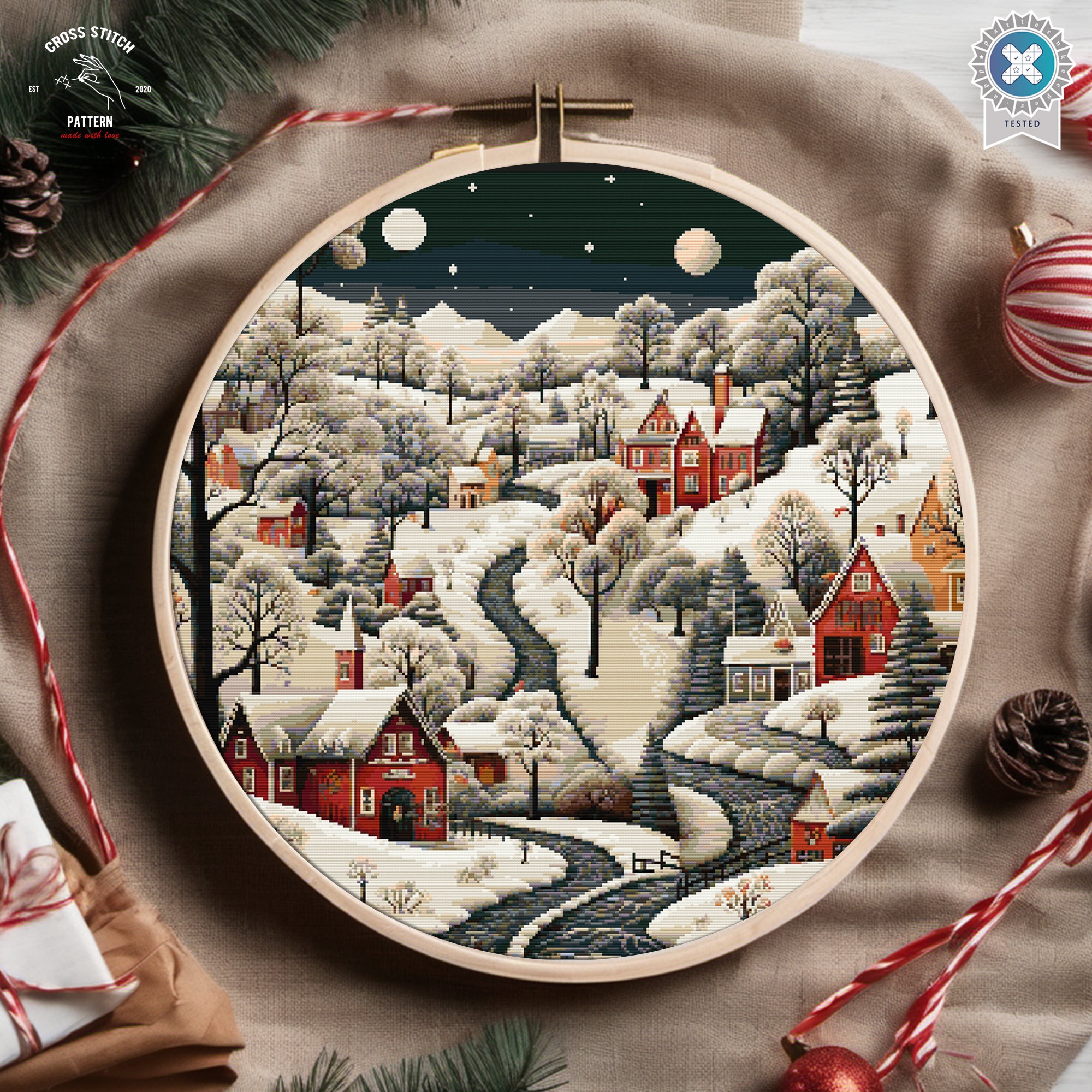 Christmas cross stitch pattern Winter Village embroidery Advent calendar embroidery Christmas tree ornament Christmas village Holiday decor
