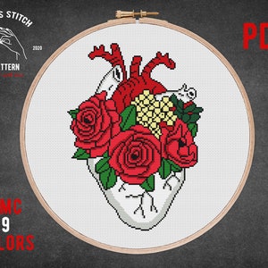 Tattoo kruissteekpatroon Menselijke anatomie kruissteek Modern borduurwerk Bloemenhartgrafiek Medische xstitch Rozenpatroon