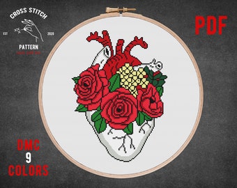 Tattoo cross stitch pattern Human Anatomy cross stitch Modern embroidery Flower heart chart Medical xstitch Rose pattern