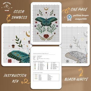 May include: A cross stitch pattern featuring a teal butterfly, foliage, and celestial motifs. The set includes a colour symbol chart, a black and white chart, and an instruction key with a thread list. The design size is 15.98 by 23.04 cm.