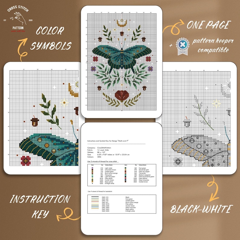 May include: A cross stitch pattern featuring a teal butterfly, foliage, and celestial motifs. The set includes a colour symbol chart, a black and white chart, and an instruction key with a thread list. The design size is 15.98 by 23.04 cm.