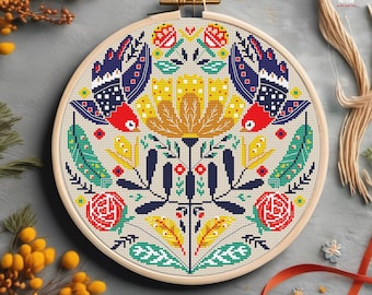 Scandinavian cross stitch pattern Nordic cross stitch Folk embroidery Vintage ornament Flower birds Modern cross stitch Wall home decor