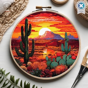 Grille point de croix cactus coucher de soleil désert point de croix montagne nature tableau compté décor sud-ouest paysage succulente point de croix