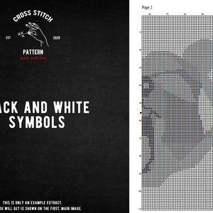 Może przedstawiać: Wz&oacute;r haftu krzyżykowego w kolorze czarnym i białym z tekstem "CROSS STITCH PATTERN made with love" i "EST 2020". Wz&oacute;r przedstawia zbliżenie dłoni trzymającej igłę i nić.