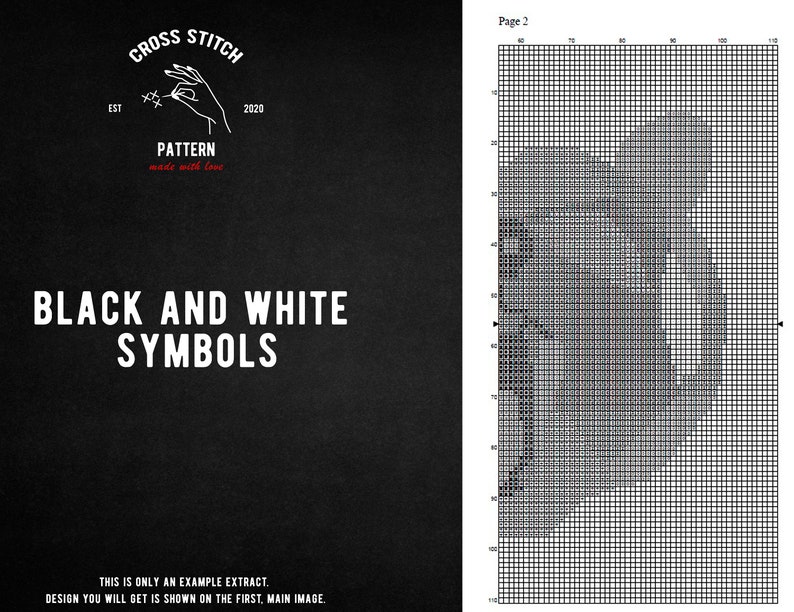 Może przedstawiać: Wz&oacute;r haftu krzyżykowego w kolorze czarnym i białym z tekstem "CROSS STITCH PATTERN made with love" i "EST 2020". Wz&oacute;r przedstawia zbliżenie dłoni trzymającej igłę i nić.