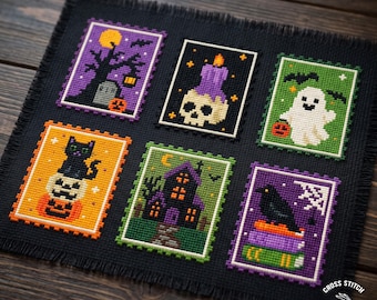 Halloween kruissteekpatroon: Mini stempelset met griezelig spook, kat en raaf ontwerp (PDF-patroon)