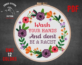 Lávese las manos patrón de punto de cruz Texto de cuarentena xstitch Divertido bordado decoración de la pared de la cocina bordado corona de flores Gráfico de decoración del hogar