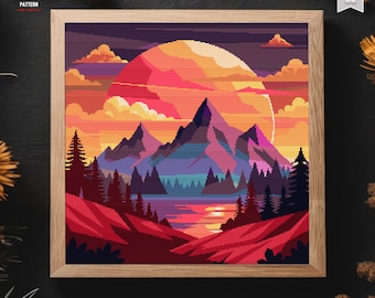 Può includere: Un motivo a punto croce incorniciato raffigurante un tramonto pixelato su una catena montuosa e un lago. Il cielo passa dal viola all'arancione, con un grande sole e nuvole. La cornice è marrone chiaro, con il testo "CROSS STITCH PATTERN".