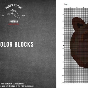 May include: A cross stitch pattern for a brown bear with a black nose and eyes. The pattern is in black and white and is on a white background. The text "Page 1" is in the top right corner of the pattern.