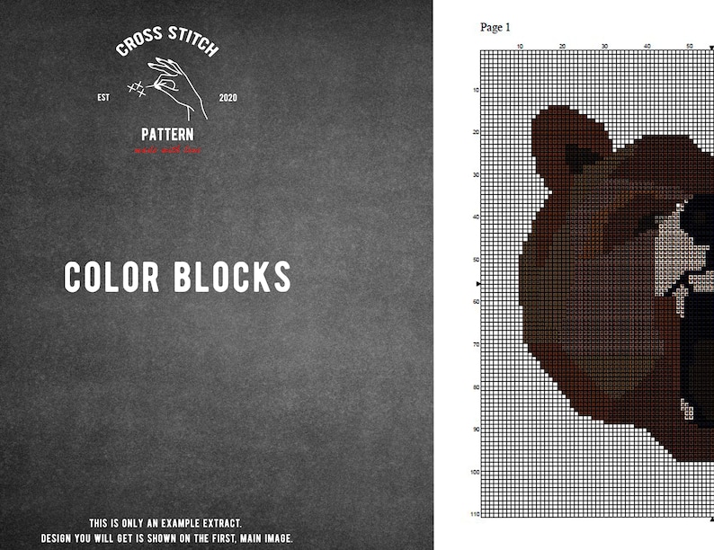 May include: A cross stitch pattern for a brown bear with a black nose and eyes. The pattern is in black and white and is on a white background. The text "Page 1" is in the top right corner of the pattern.