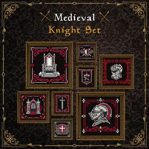May include: A collection of framed cross-stitch art pieces with a medieval knight theme. The set includes images of a throne, a helmet, a sword, and a shield, all in red, white, and black. The words "Medieval Knight Set" are at the top.