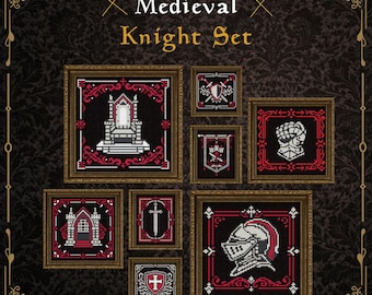 Pode incluir: Uma coleção de peças de arte em ponto cruz, emolduradas, com tema de cavaleiro medieval. O conjunto inclui imagens de um trono, um capacete, uma espada e um escudo, todos em vermelho, branco e preto. O texto "Medieval Knight Set" está no topo.